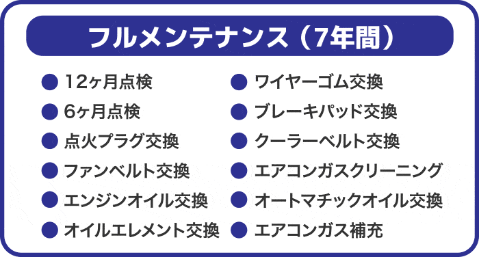フルメンテナンス（7年間）12ヶ月点検、ワイヤーゴム交換、6ヶ月点検、ブレーキパッド交換、点火プラグ交換、クーラーベルト交換、ファンベルト交換、エアコンガスクリーニング、エンジンオイル交換、オートマチックオイル交換、オイルエレメント交換、エアコンガス補充