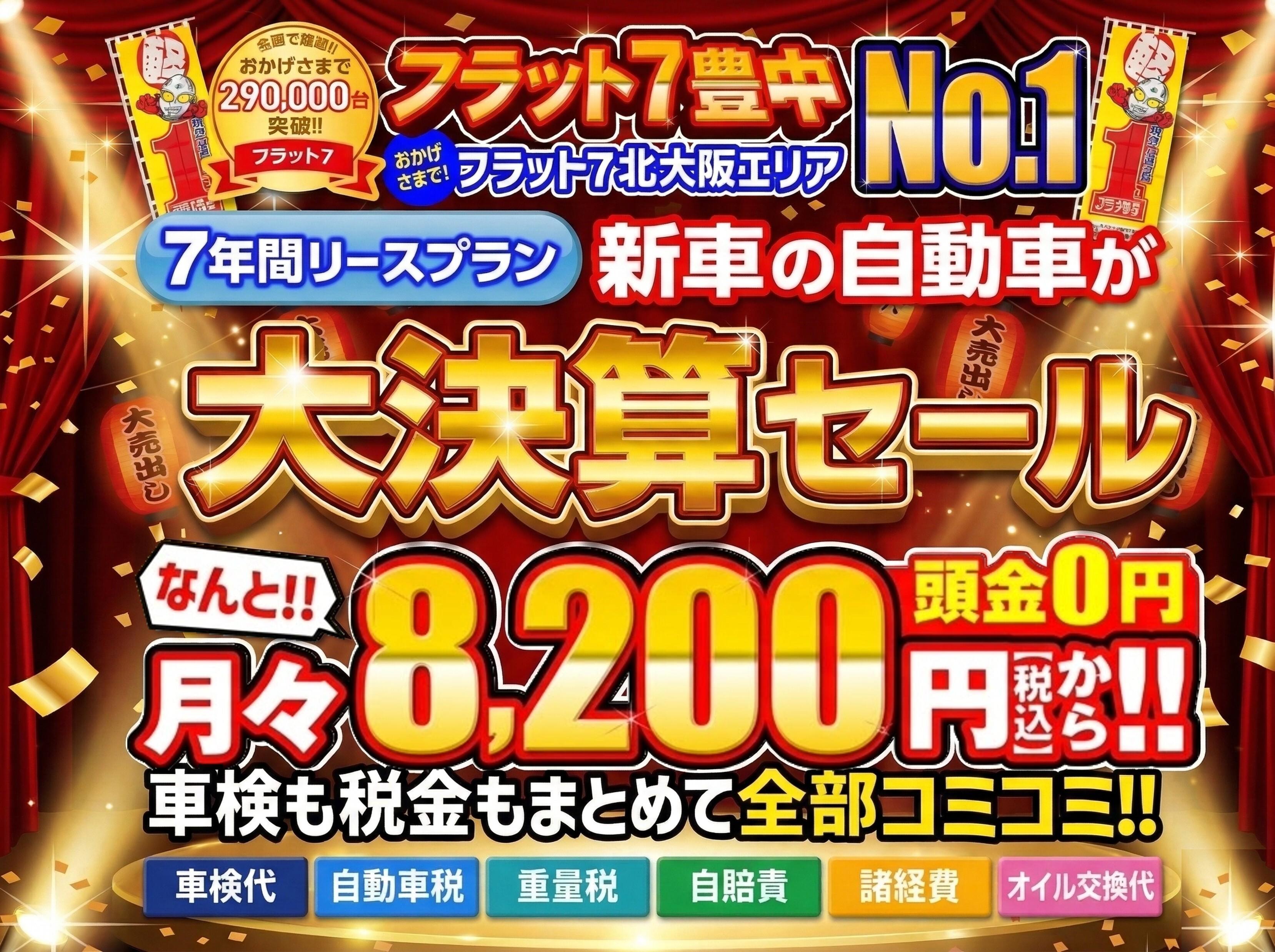 全メーカー・全車種対応！ おかげさまでフラット7契約件数大阪府No.1 話題の新車に乗れる！！ 月々コミコミ8,200円（税込）から新車の軽に乗れる！ 頭金0円！！ ７年間リースプラン！！ 自動車税込／自賠責保険込／車検込／フロアマット・バイザー込／オイル交換込